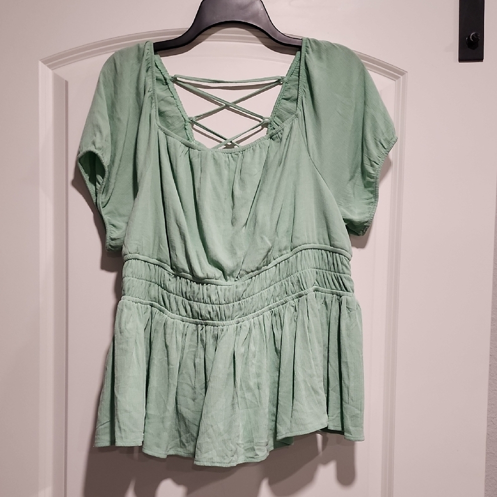 Torrid Green Smocked Peplum Flutter Sleeve Blouse